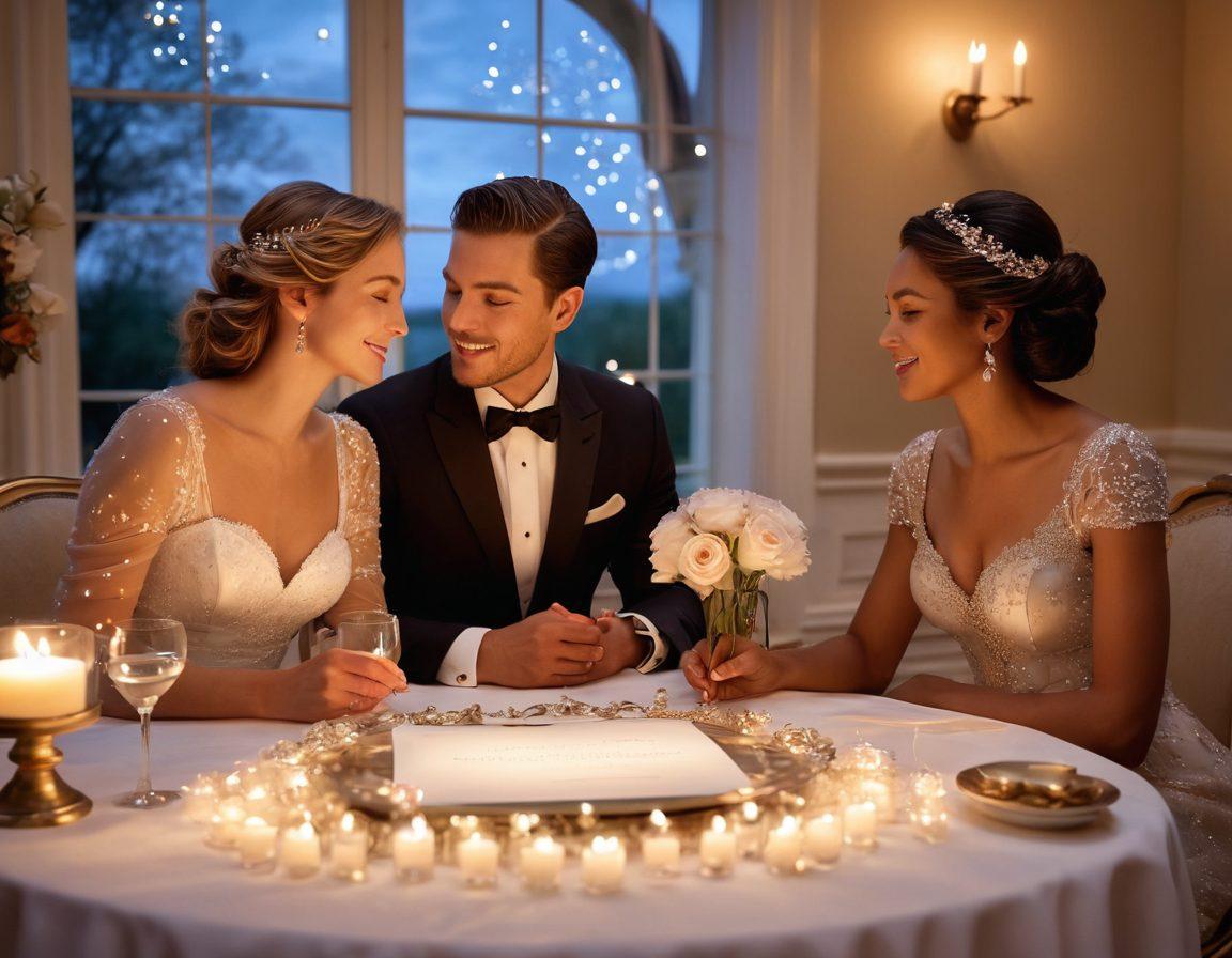 An elegant couple sitting at a beautifully set table with soft romantic lighting, surrounded by floating quote bubbles that symbolically transition into insurance policy documents. Incorporate elements like hearts, protective shields, and floral designs to represent nurturing romance through tailored insurance solutions. The background should depict a dreamy evening setting with twinkling stars. vibrant colors. super-realistic.