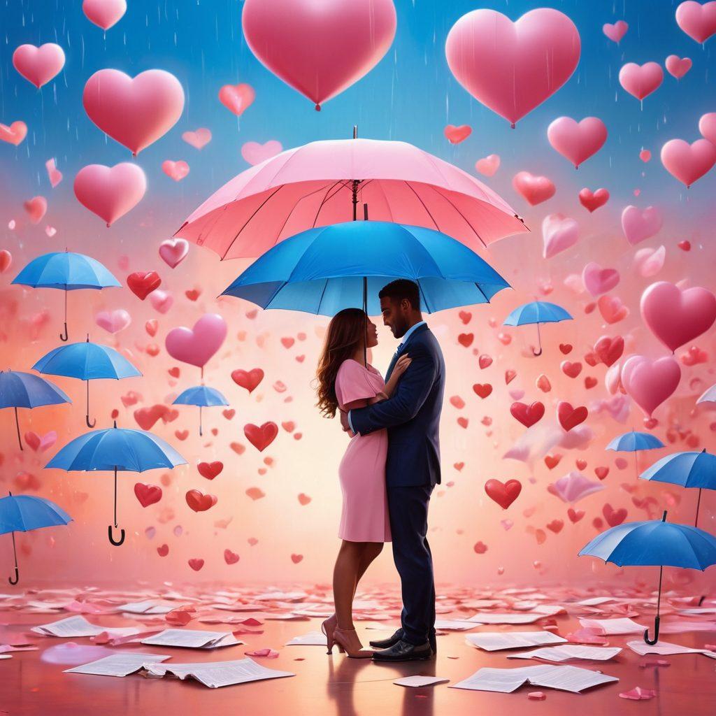 A couple embracing amidst a backdrop of floating insurance documents, hearts, and protective symbols like umbrellas and shields, symbolizing love and security. The scene should be warm and inviting, illustrating the bond between them as they navigate insurance services together. Use a soft color palette with pinks and blues to evoke emotions of love and safety. super-realistic. vibrant colors.